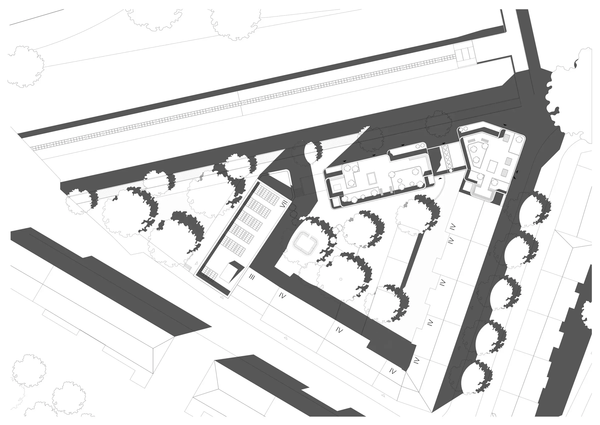 Situationsplan mit den beiden Neubauten und dem gefassten Innenhof, Autobahn und Bahnlinie an der Nordkante