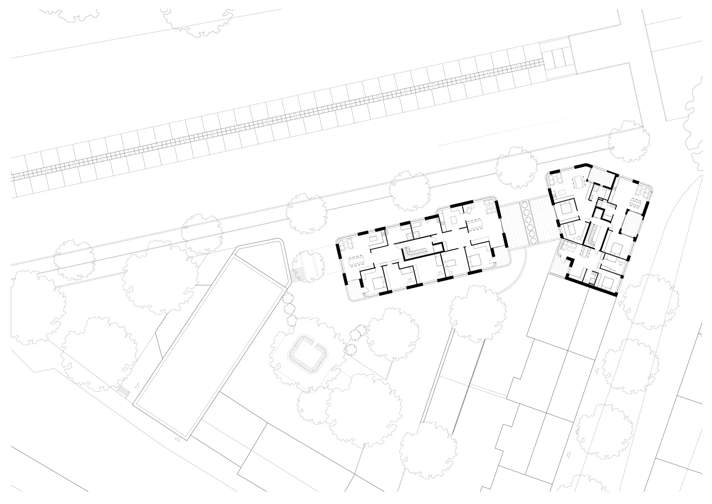 Grundriss Obergeschoss mit den Wohnungsgrundrissen beider Baukörper