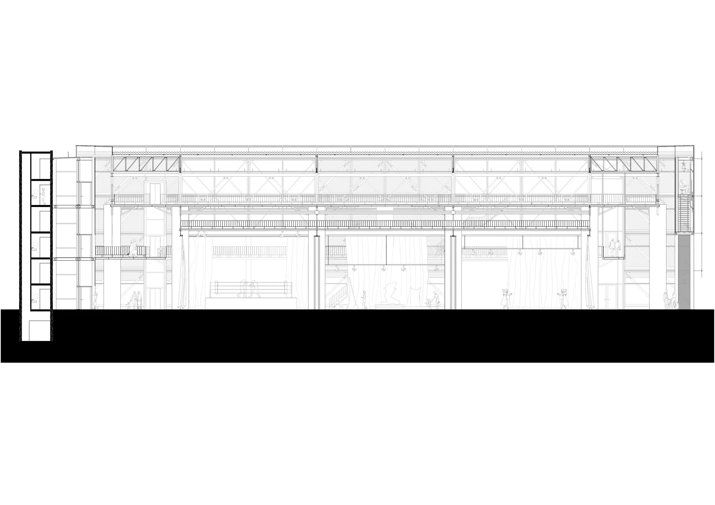 Längsschnitt A-A durch Halle, Emporen und Dachtragwerk