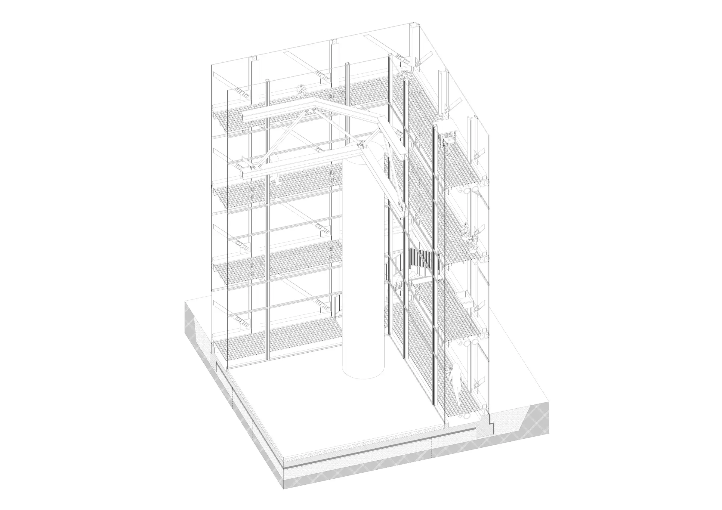 Eck-Axonometrie des räumlichen Tragwerks mit Emporen und Fassade