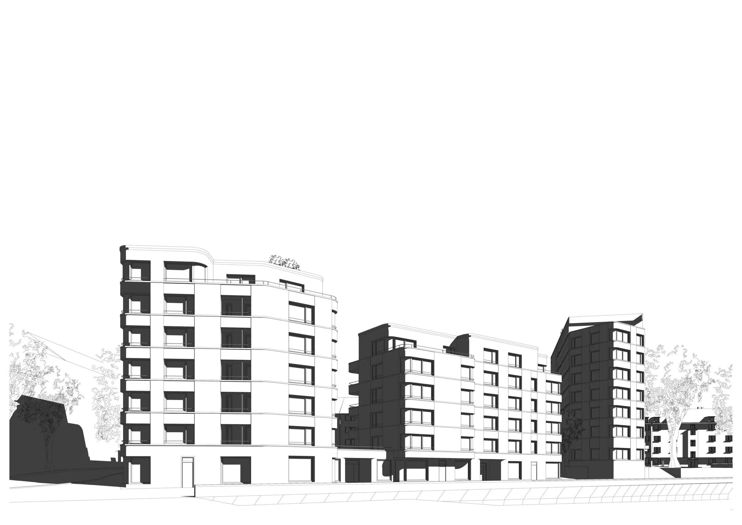 Straßenperspektive auf die neue Blockkante, ganzes Blatt