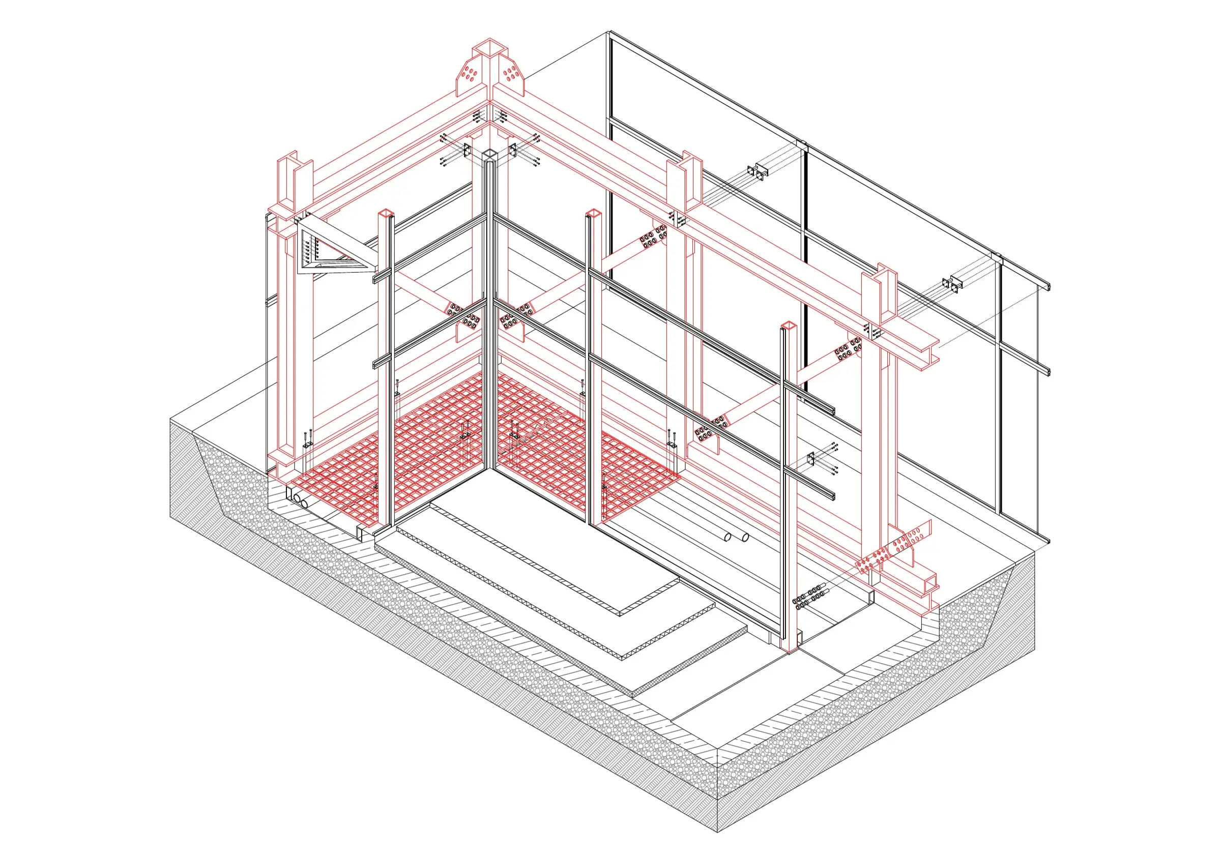 Detail-Axonometrie des Stahlbaus, wiederverwendete Bauteile rot hervorgehoben