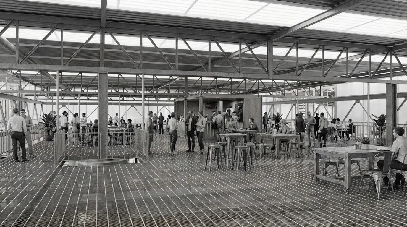Innenraum-Rendering des Cafés auf dem Gitterrostdeck zwischen den Tragwerksebenen