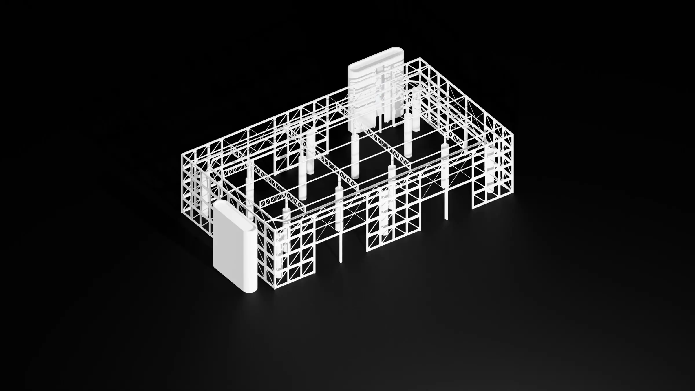 Rendering des Strukturmodells, weißes Tragwerk vor schwarzem Grund