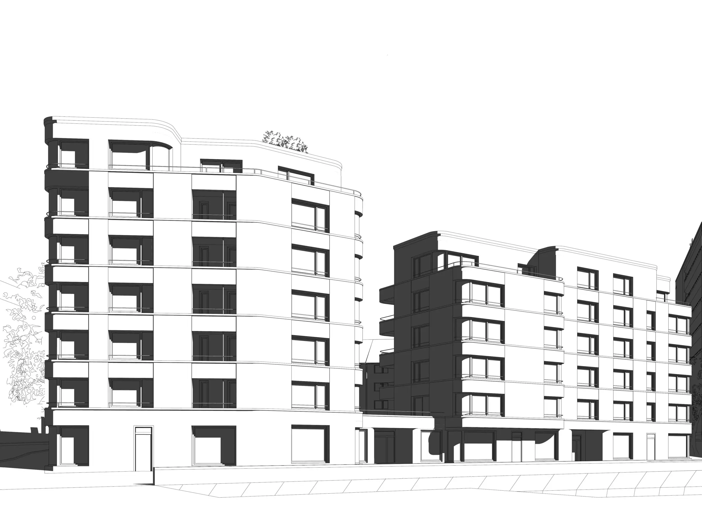Straßenperspektive auf die neue, durchgehende Blockkante mit dem freistehenden Eckbau