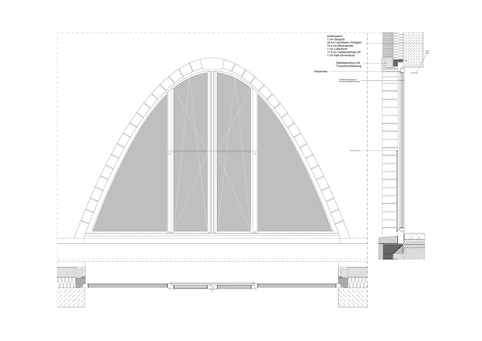 Detail des Spitzbogenfensters mit Wandaufbau